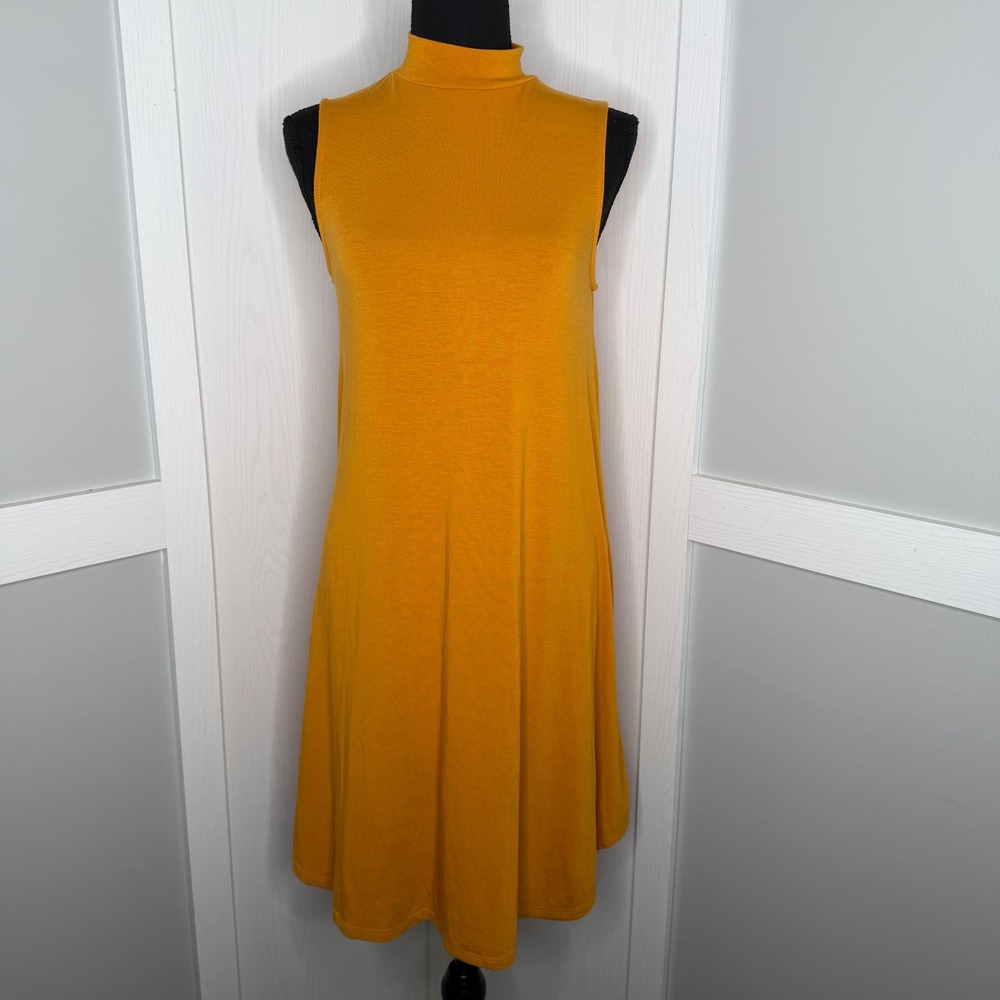 42pops Swing Dress Womens Small Mustard Yellow Mock Neck Sleeveless Pockets